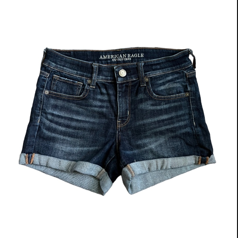American Eagle Next Level Stretch Denim Midi Short Size 8 Dark Wash Cuffed